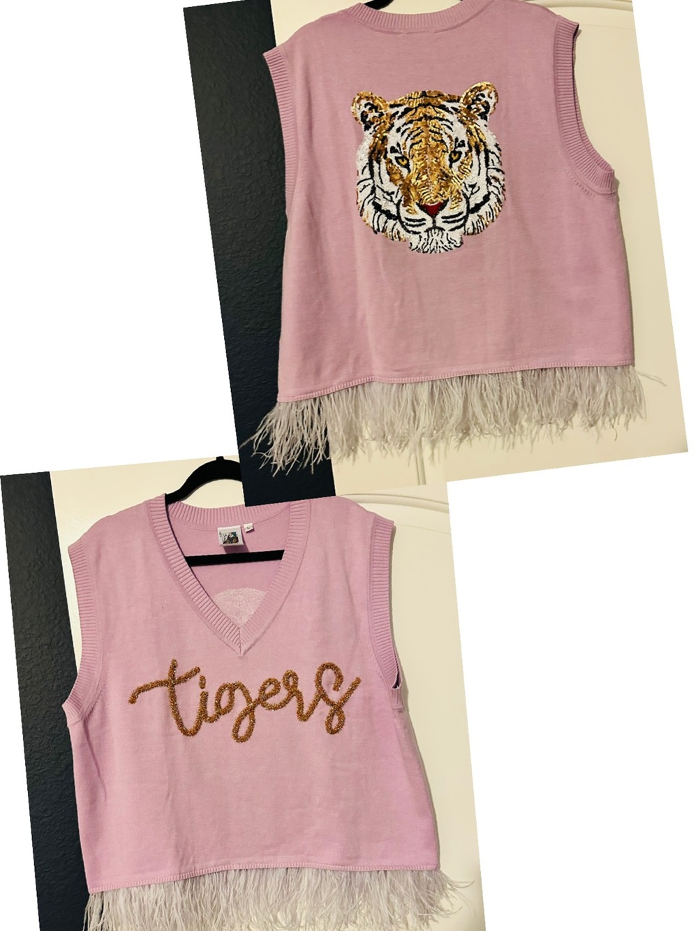 QOS Lavender Tiger Embroidered Feather Hem sequin back tiger back Sweater Vest